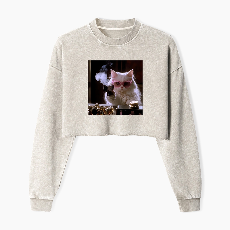 Wacky Cat Washed Crop Sweatshirt