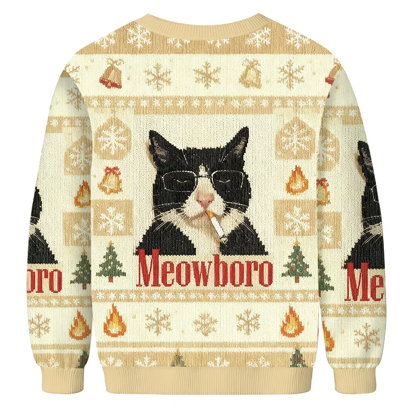 Funny Cat Smoking Cigarette Meme Ugly Christmas Sweatshirt