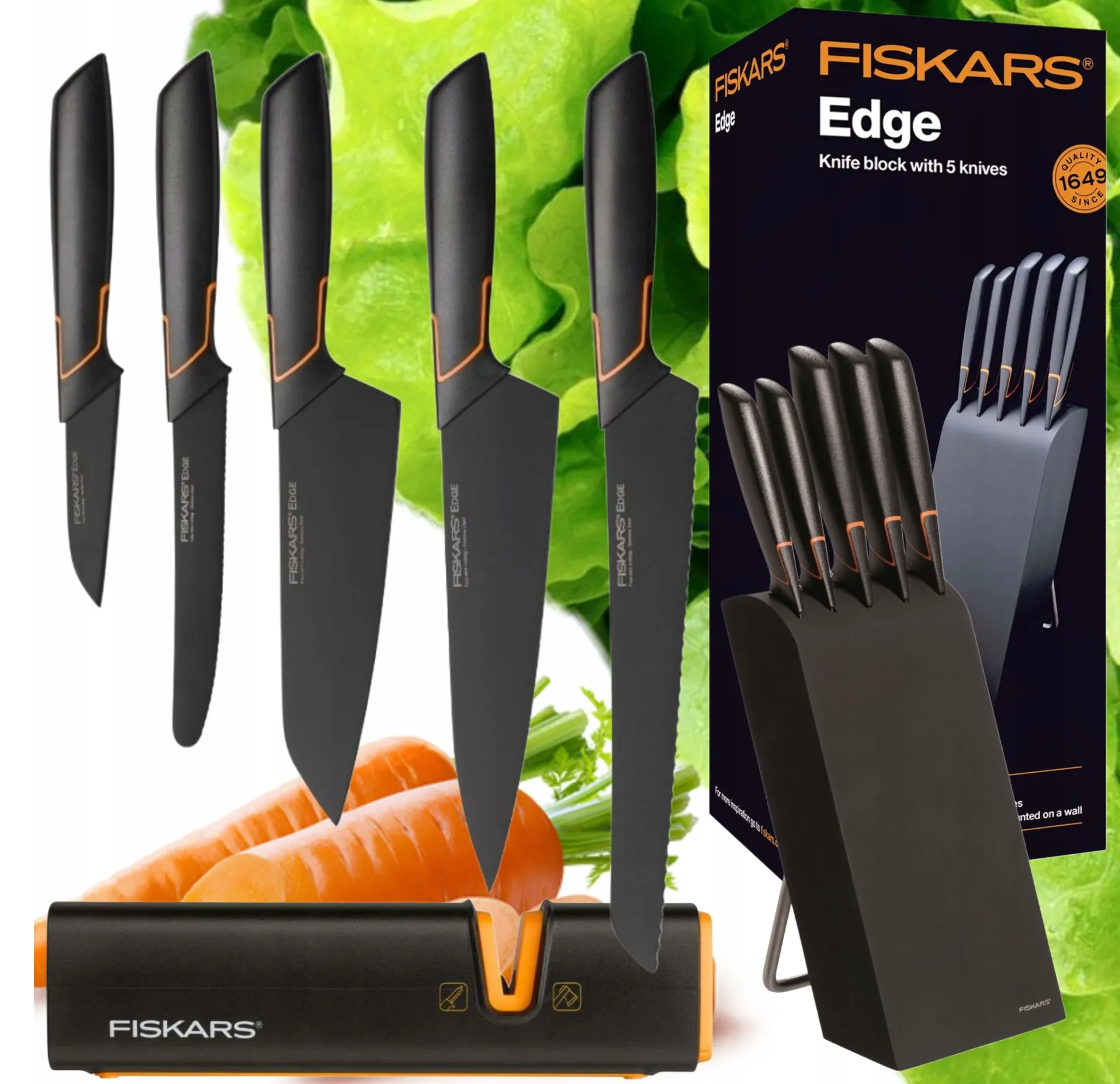 🍽️Limitált kiadás: FISKARS® 5 DB-OS KÉSKÉSZLET FISKARS EDGE BLOKKBAN, ÉLES KONYHAKÉS + ÉLEZŐ SZETT