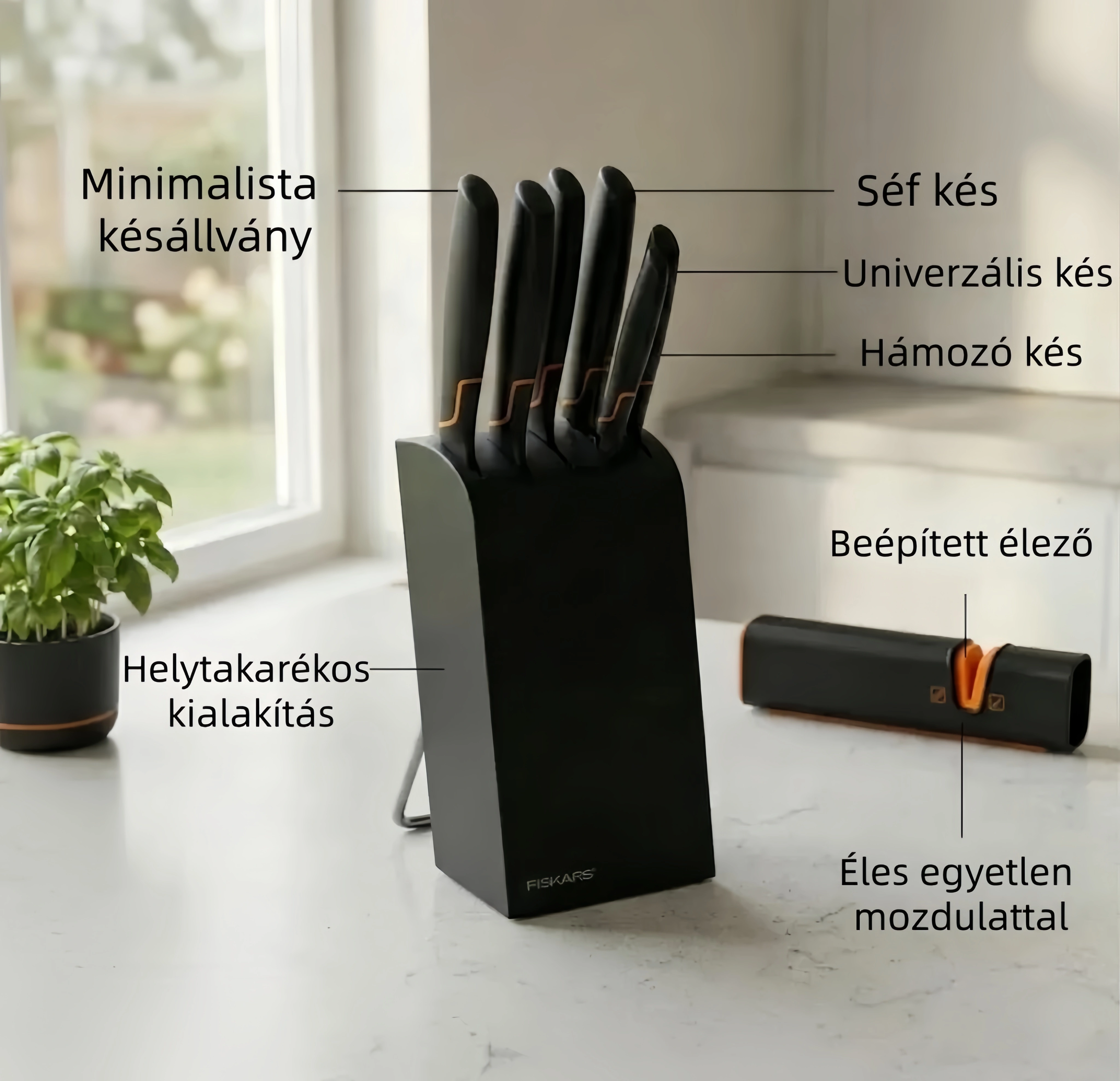 FISKARS® EDGE limitált kiadás – 5 darabos prémium konyhakés szett blokkal és élezővel