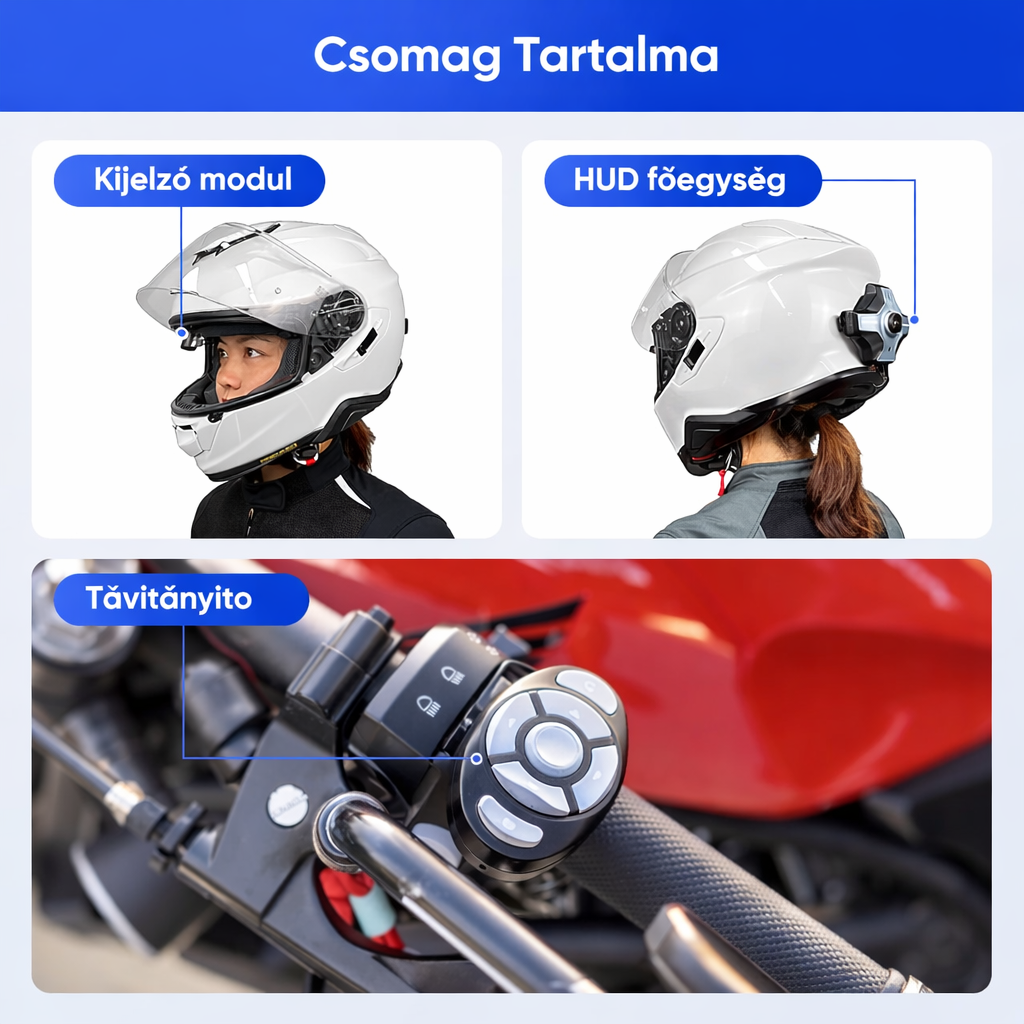 E6+ Motorkerékpár sisak HUD, Head-up kijelző, Bluetooth, GPS, CarPlay, Android Auto, Mesh Intercom, Tolatókamera, Távirányító, Zajcsökkentés, RGB lámpák, IP66 minden sisakhoz (E6+)
