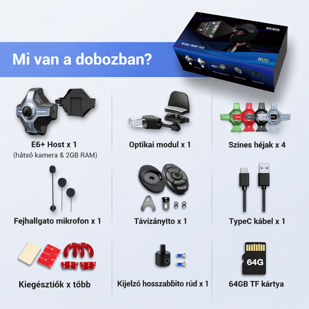 E6+ Motorkerékpár sisak HUD, Head-up kijelző, Bluetooth, GPS, CarPlay, Android Auto, Mesh Intercom, Tolatókamera, Távirányító, Zajcsökkentés, RGB lámpák, IP66 minden sisakhoz (E6+)