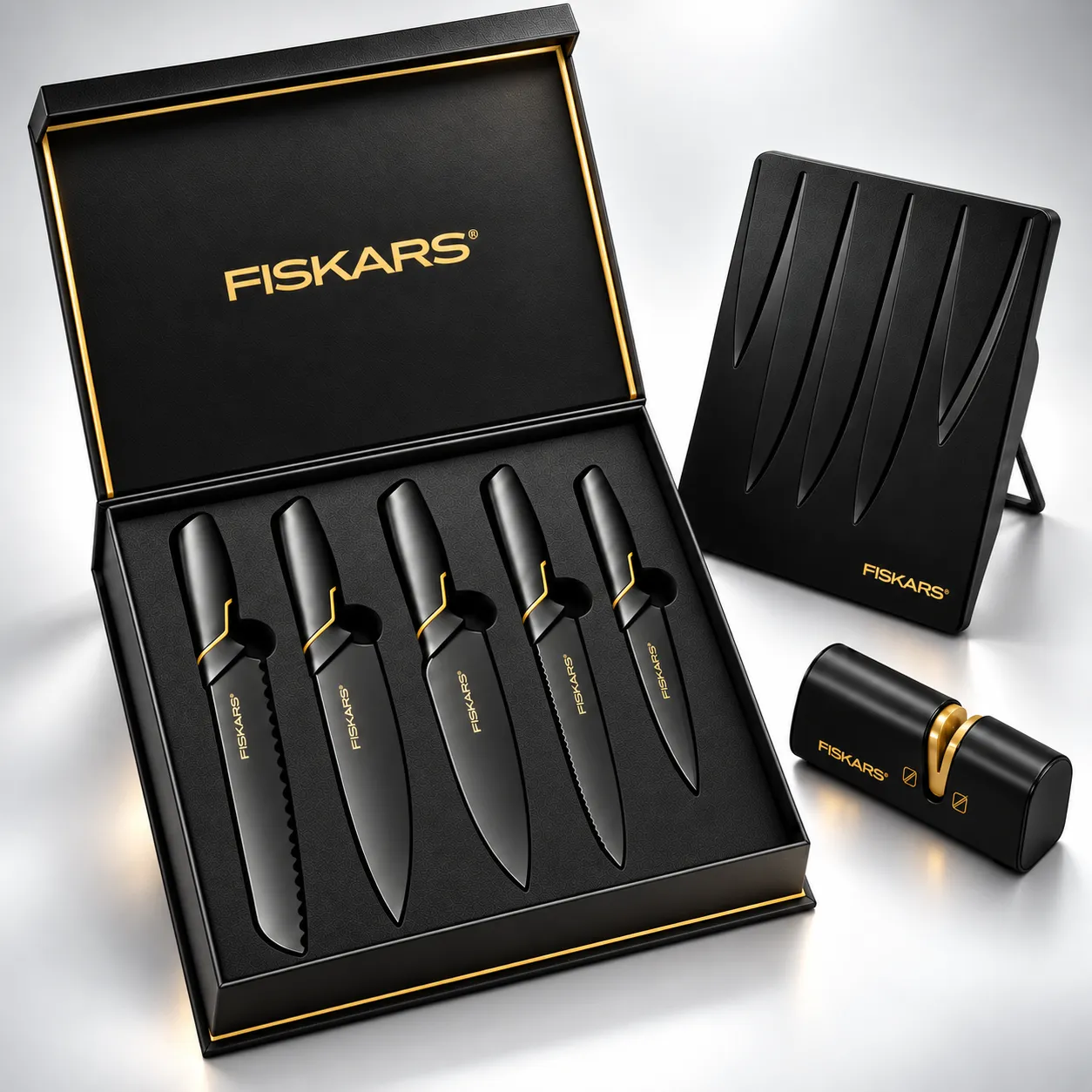 👩‍🍳Limitált kiadás: FISKARS® 5 darabos késkészlet (késtartóval) – FISKARS EDGE sorozat, Éles konyhai kések + Élezőeszköz