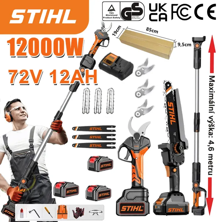 STIHL kefe nélküli lítium-ion akkumulátoros láncfűrész, elektromos metszőolló és teleszkópos hosszabbító rúd készlet