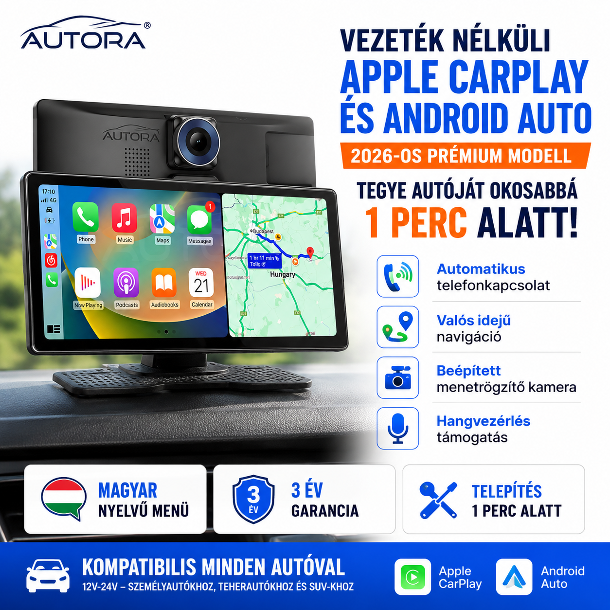 Univerzális Autós Multimédia Rendszer Apple CarPlay, Android Auto és Menetkamera Funkcióval (2026-ös Modell)