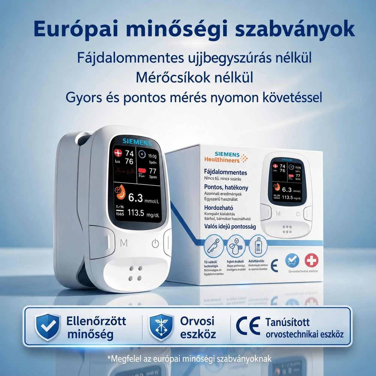 🩸 Szúrásmentes glükózmérő – Siemens | Fájdalommentes glükózmonitorozás otthon 📊