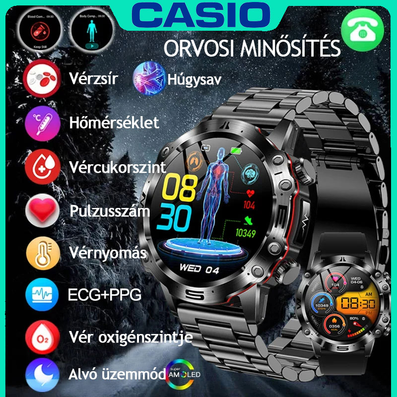 CASIO AI ORVOSI DIAGNOSZTIKÁS OKOSÓRA - 2025 ÚJ VÉRLIPIDEK, HÚGYSAV, VÉRGLUKOZ SZINT - EKG+PPG FITNESZKÖVETŐ