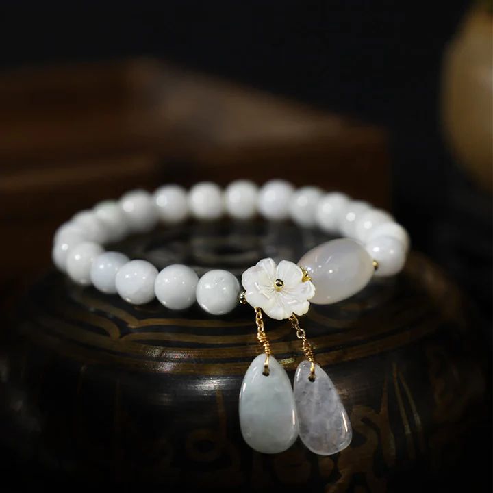 Natural White Jade Shell Flower Luck Bracelet