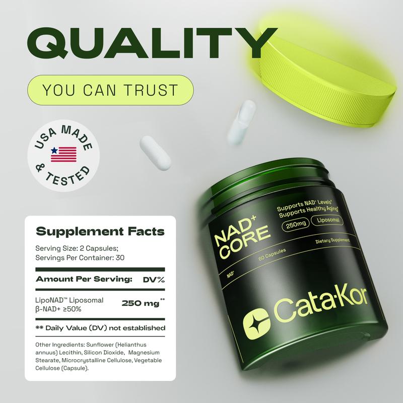 Cata-Kor 250 mg - NAD+ Supplement for Skin Aging Support, Energy, and Focus - 60 Count - Vitamin & Wellness Supplements Dietary Healthcare Edible