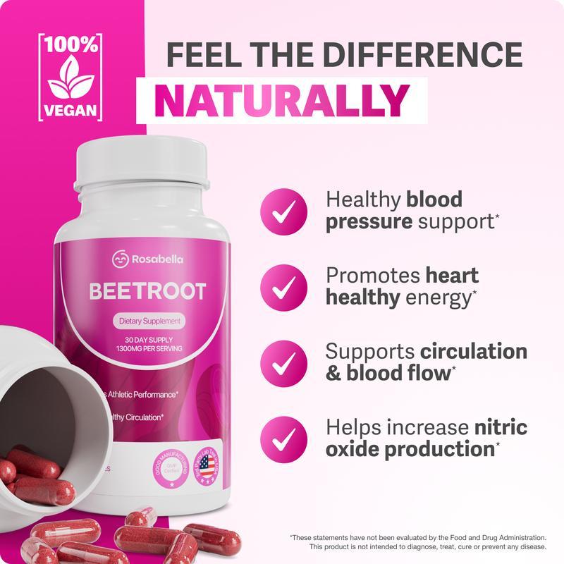 Organic Beetroot Capsules 1300mg by Rosabella – Cardiovascular & Stamina Support | 120 Capsules
