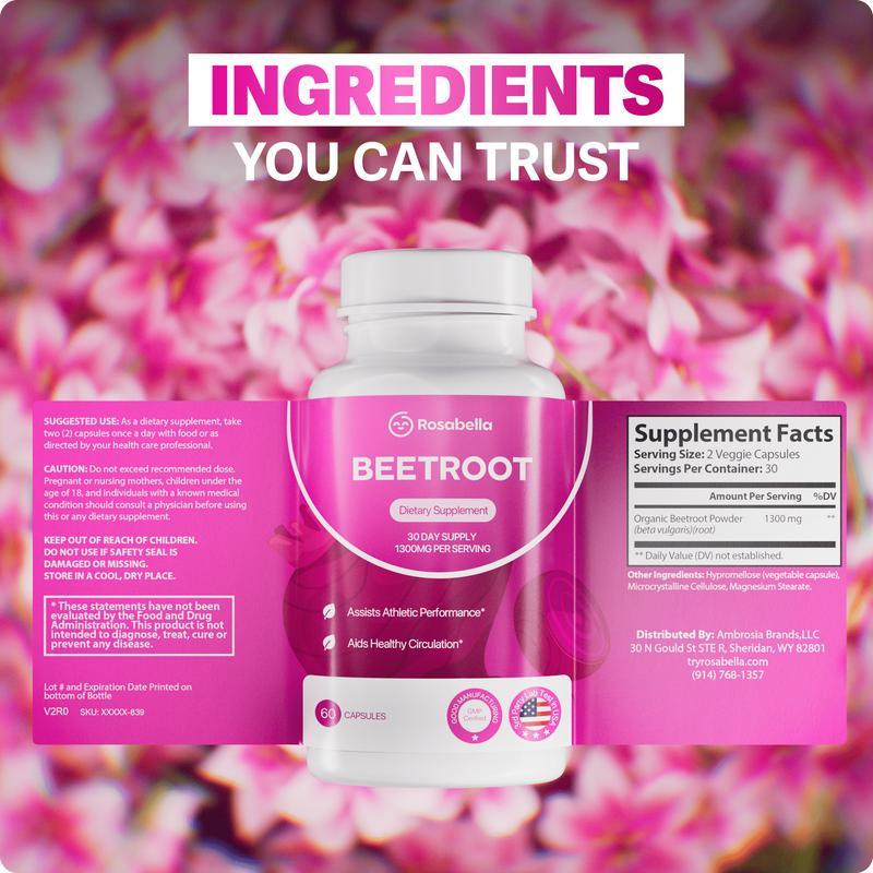 Organic Beetroot Capsules 1300mg by Rosabella – Cardiovascular & Stamina Support | 120 Capsules