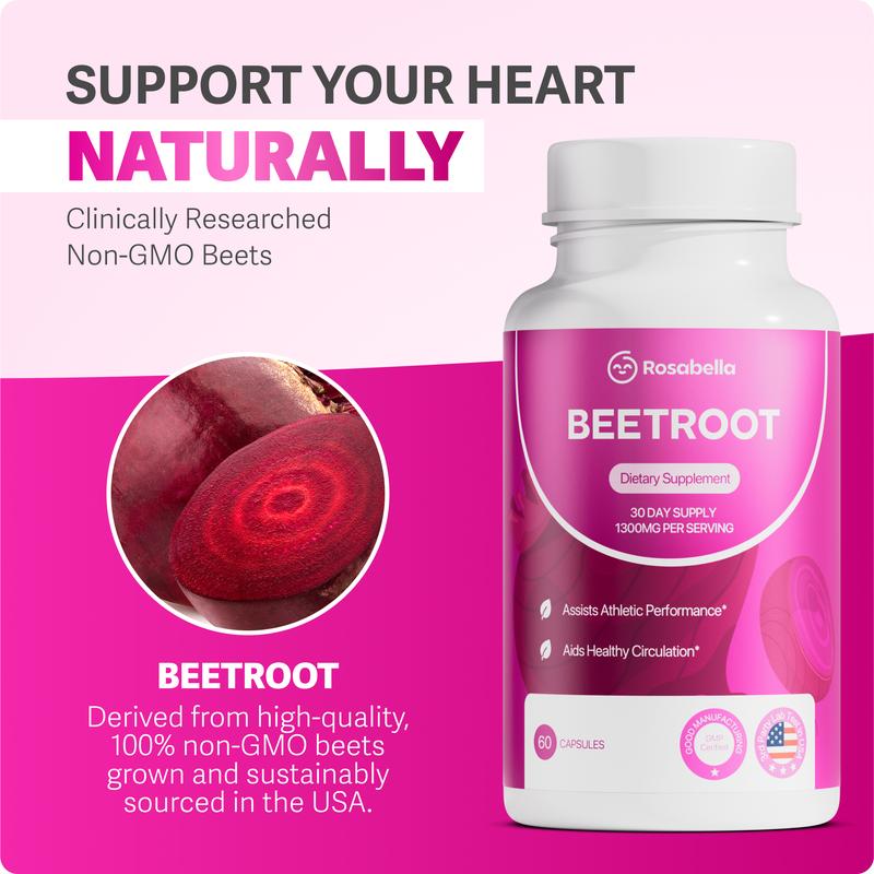 Organic Beetroot Capsules 1300mg by Rosabella – Cardiovascular & Stamina Support | 120 Capsules