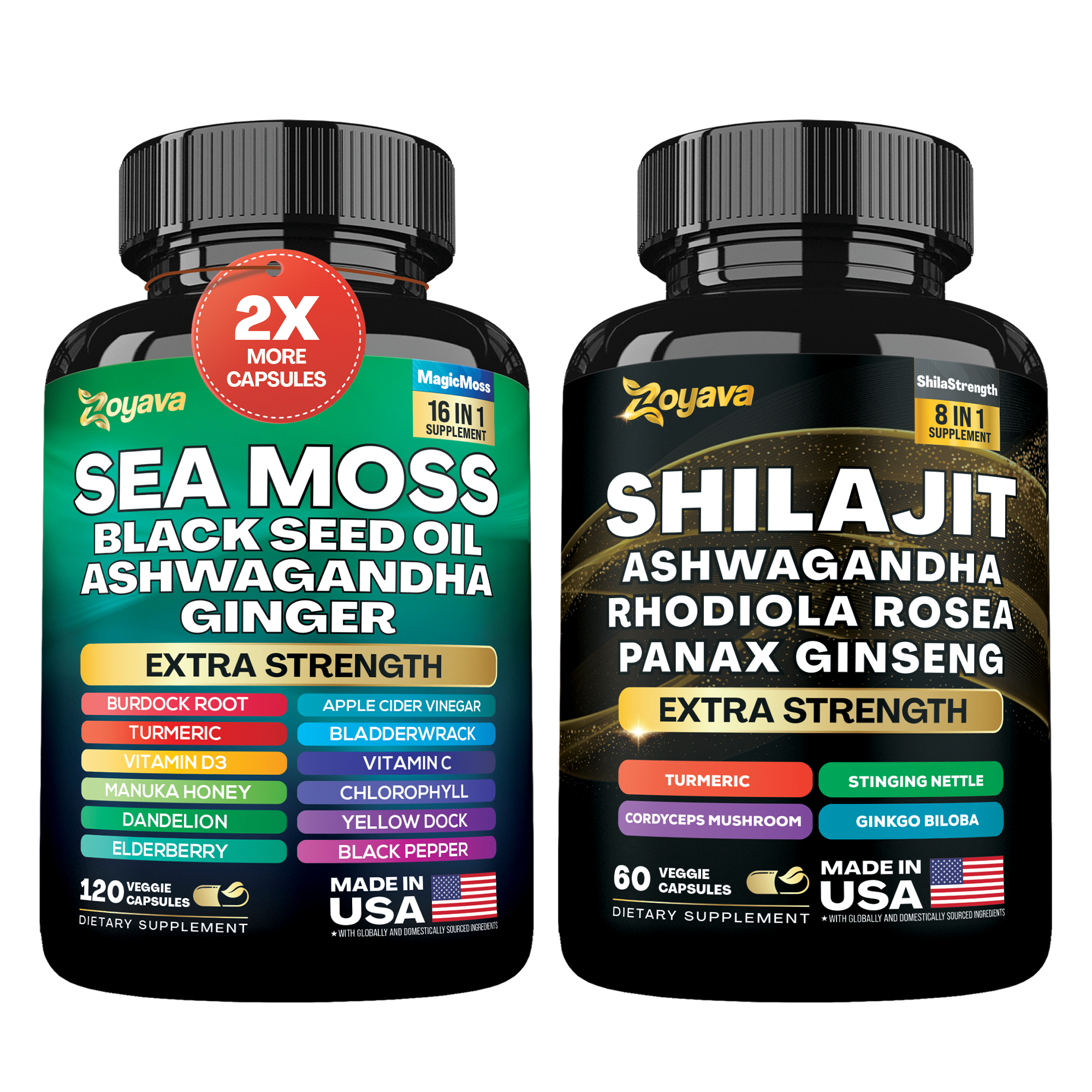 Zoyava™ Vitality Boost Duo: Sea Moss 16-in-1 Magic Moss 120 Caps & Shilajit Power ShilaStrength Blend 60 Caps- Energize Your Life!