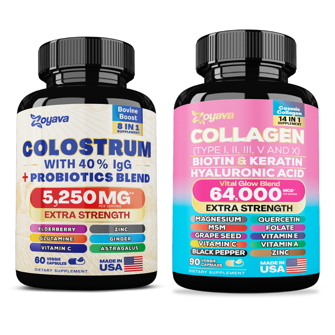 Zoyava™ Radiant Vitality Duo: Highly Potent Bovine Colostrum Capsules 5250MG & Cosmic Collagen Beauty Complex 64,000MCG