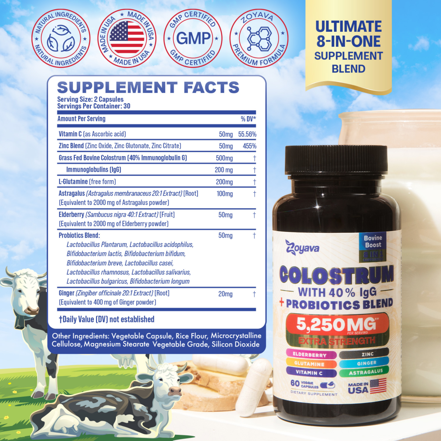 Zoyava™ Highly Potent Bovine Colostrum Capsules - 5250 MG with 40% IgG & Probiotics for Immunity, Gut Health, and General Wellness