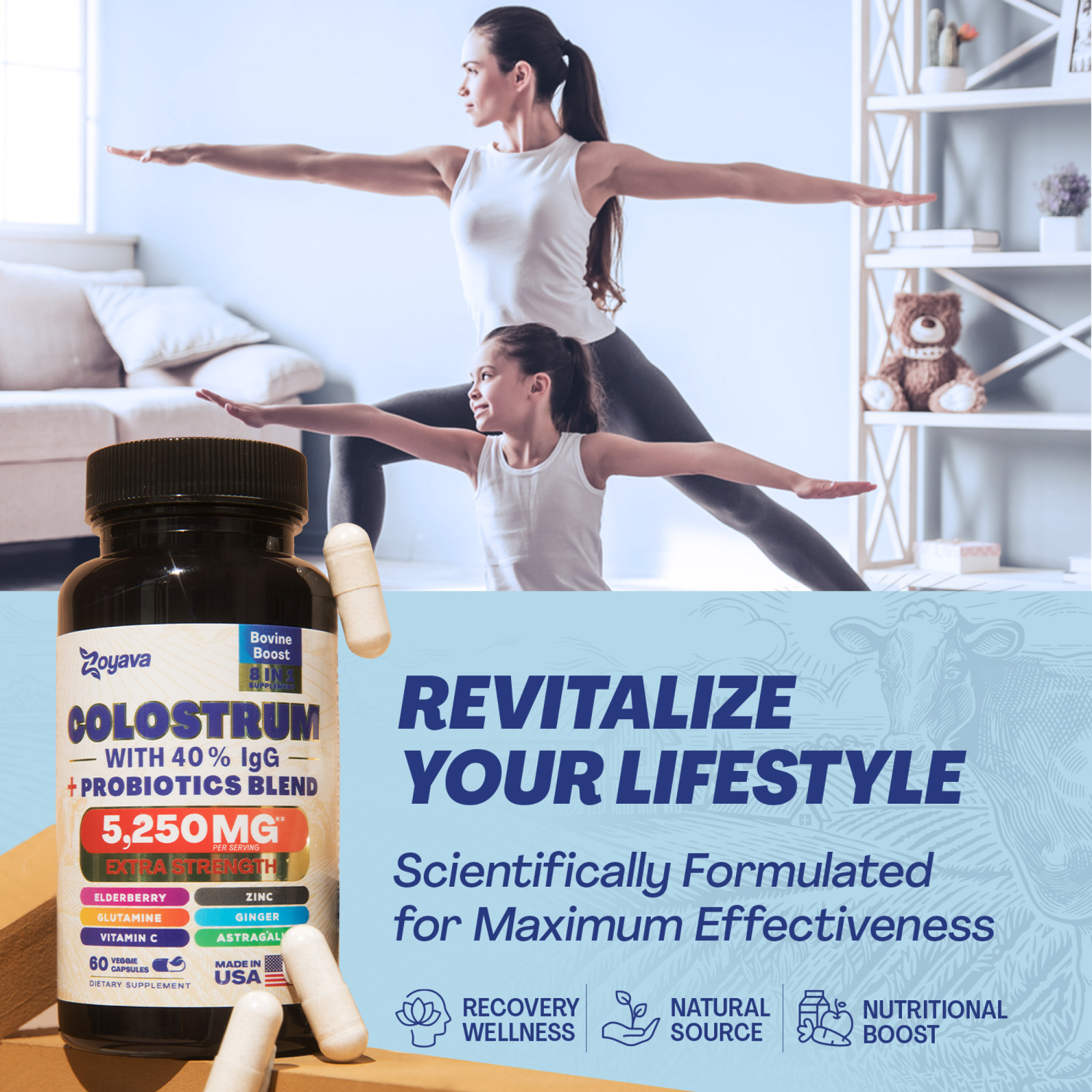 Zoyava™ Highly Potent Bovine Colostrum Capsules - 5250 MG with 40% IgG & Probiotics for Immunity, Gut Health, and General Wellness