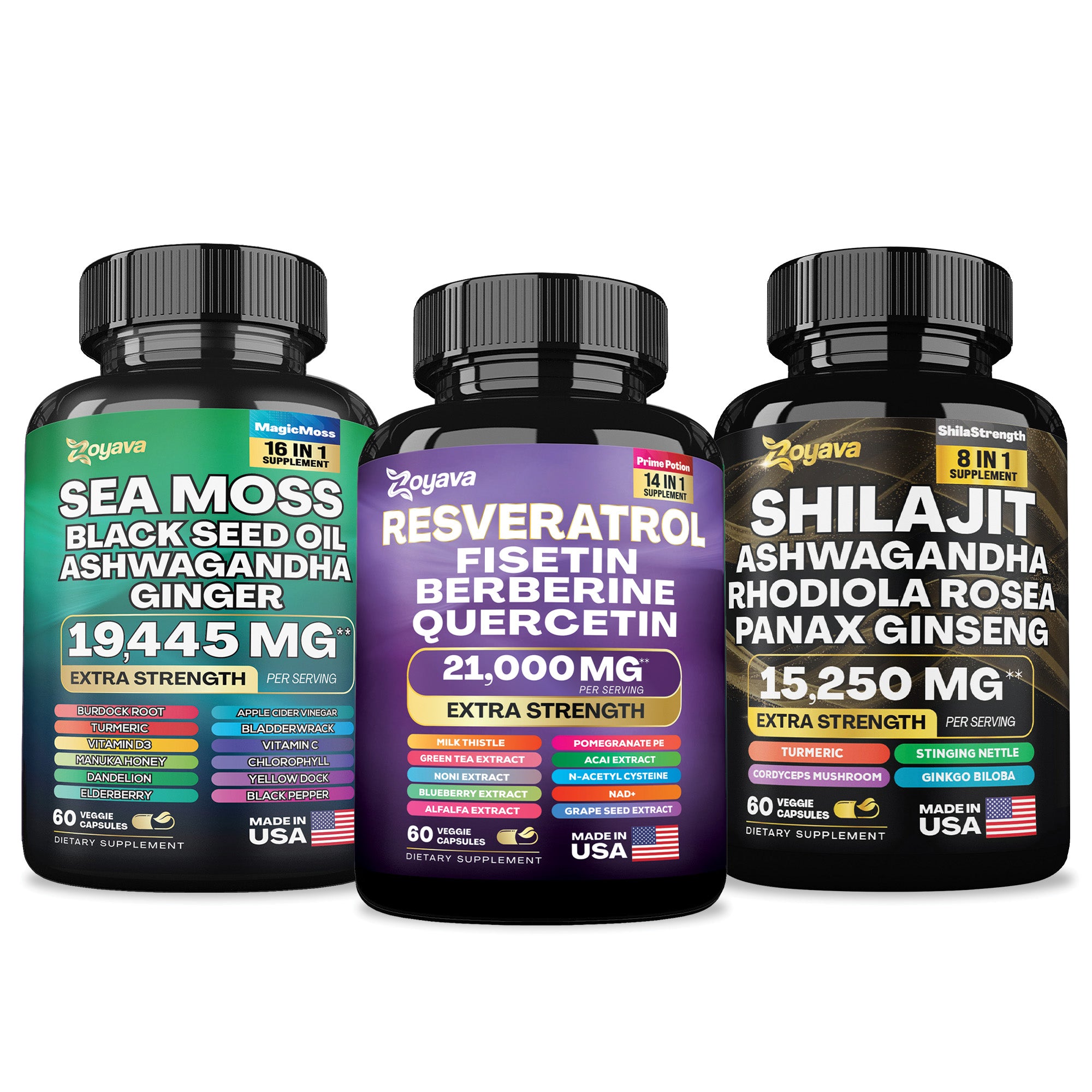 Zoyava™ Elevate Your Vitality Trio: Resveratrol 21,000MG, Sea Moss 16-in-1 Magic Moss Super Blend 19,445MG, and Shilajit Power ShilaStrength Blend 15,250MG