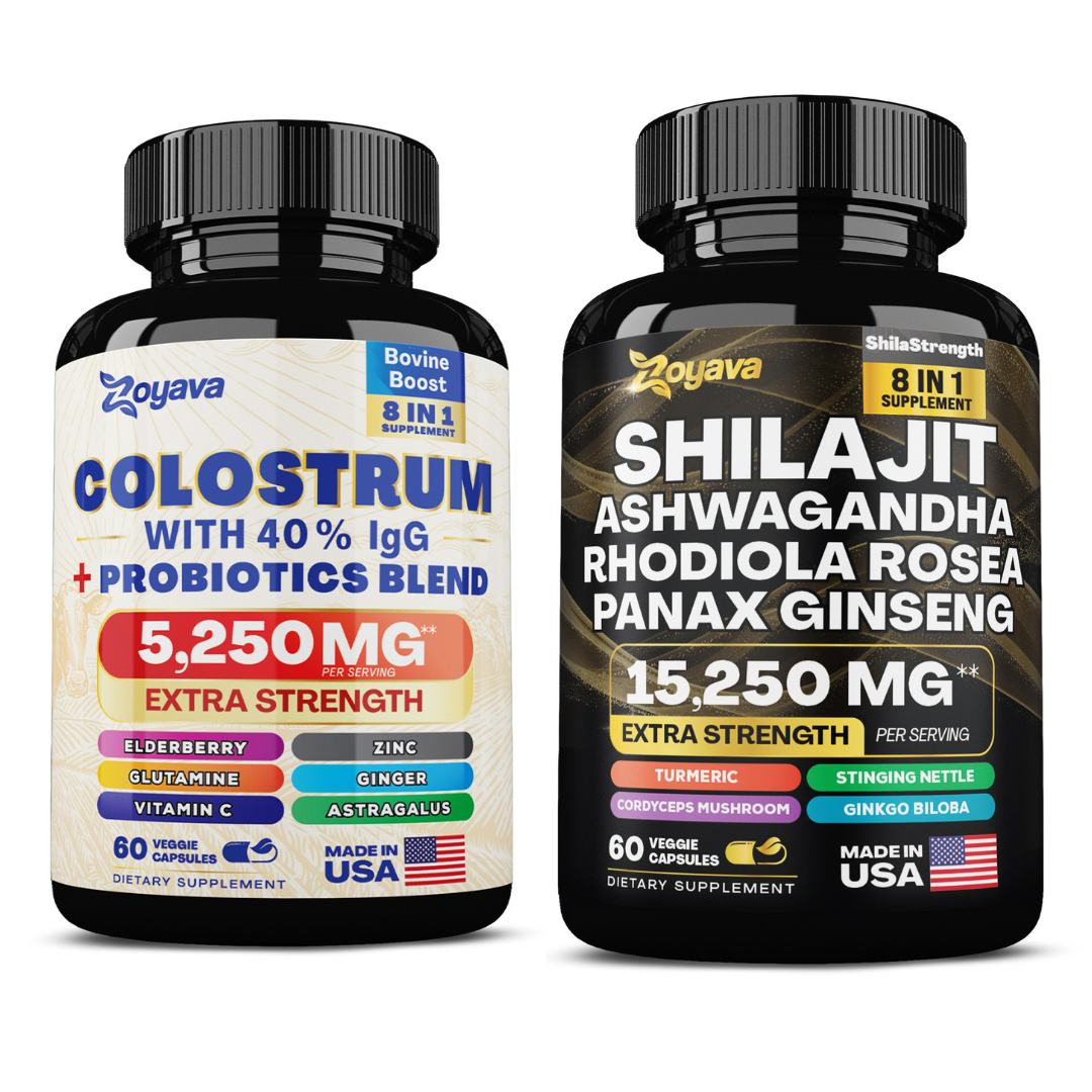 Zoyava™ Powerful Duo for Immunity, Gut Health, and Vitality: Bovine Colostrum Capsules 5250MG & Shilajit Power ShilaStrength Blend 15,250MG