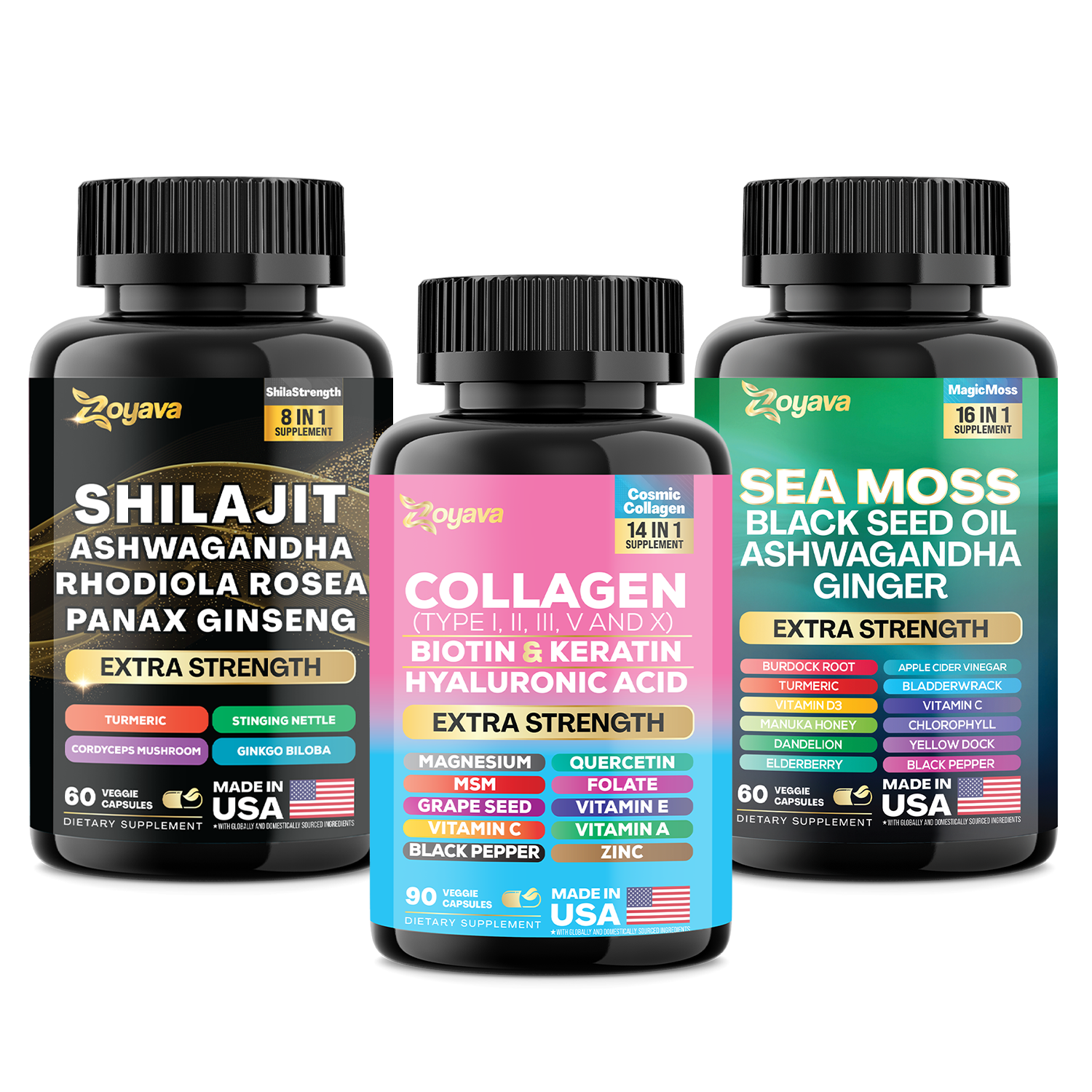 Zoyava™ Vitality & Radiance Trio: Sea Moss 16-in-1 Magic Blend +Shilajit 8-in-1 Bulletproofblend+Collagen 14-in-1 Anti-Agingprotein Blend