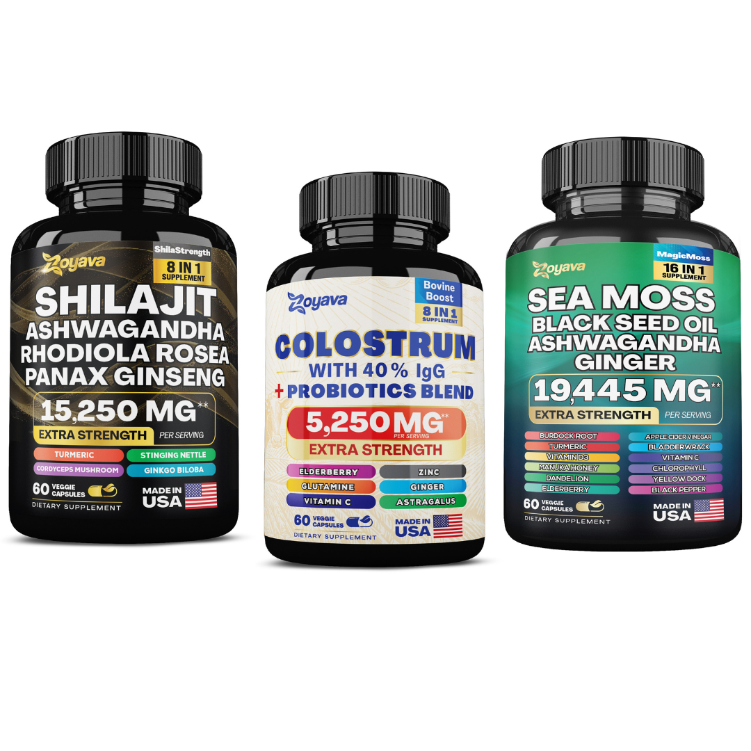 Zoyava™ Vitality Trio for Ultimate Wellness: Bovine Colostrum Capsules (5250MG), Sea Moss 16-in-1 Magic Moss Super Blend (19,445MG), and Shilajit Power ShilaStrength Blend (15,250MG)