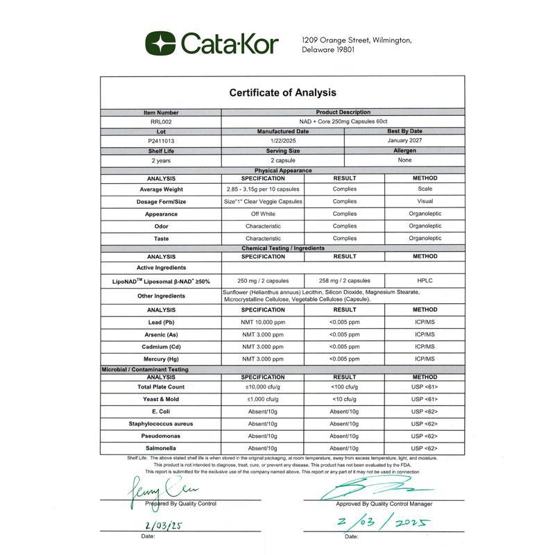 Cata-Kor 250 mg - NAD+ Supplement for Skin Aging Support, Energy, and Focus - 60 Count - Vitamin & Wellness Supplements Dietary Healthcare Edible