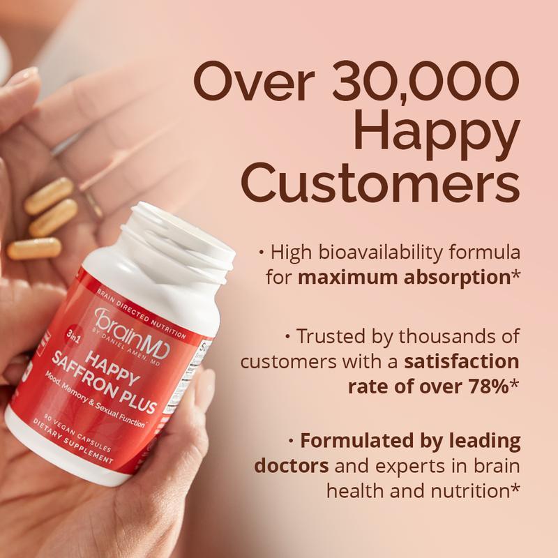 BrainMD Happy Saffron Plus 90 Capsules – Mood & Focus Support, Gluten-Free, Dairy-Free, Egg-Free