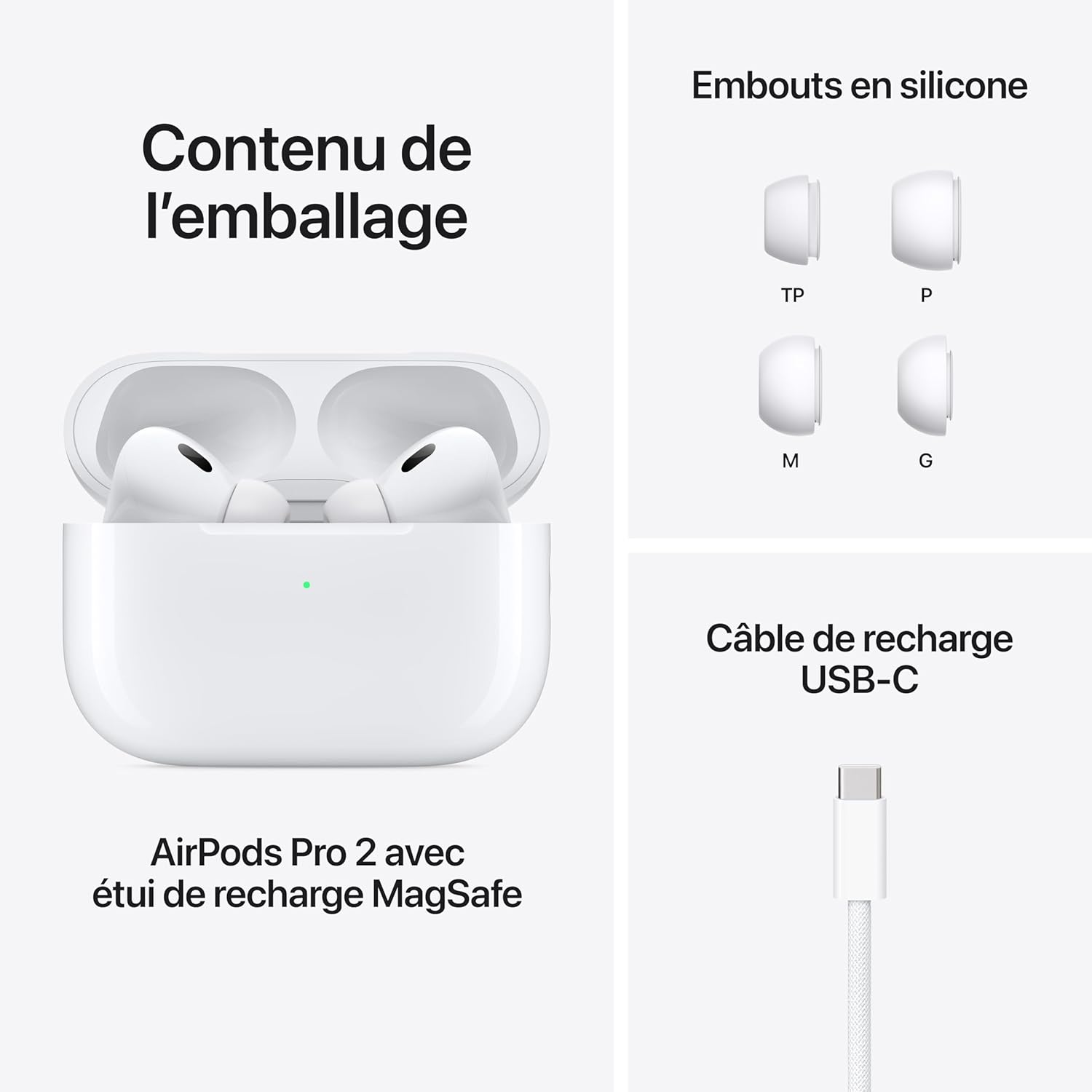 Apple AirPods Pro 2｜Active Noise Cancellation 2.0｜Spatial Audio｜H2 chip｜MagSafe charging｜Sweat and water resistance｜Adaptive transparency mode｜USB-C charging case｜Personalized spatial audio