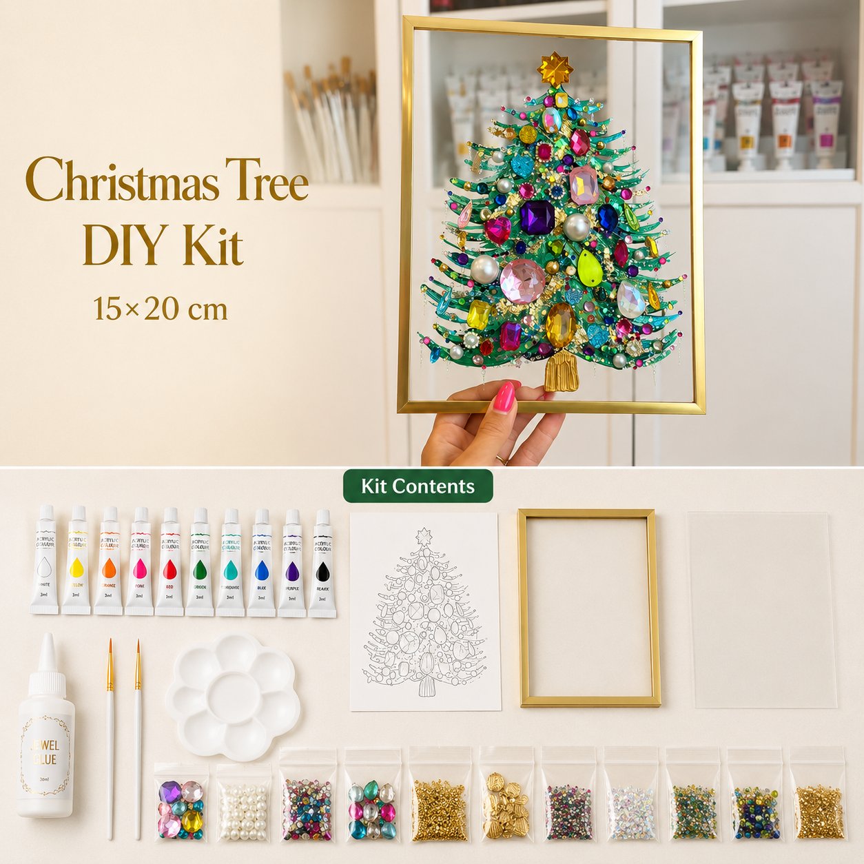 🔥 LAST DAY 70% OFF – 🎄 DIY Jeweled Christmas Tree Art Kit | Colorful Gems, Pearls, Paints & Gold-Tone Floating Display Frame 💎✨