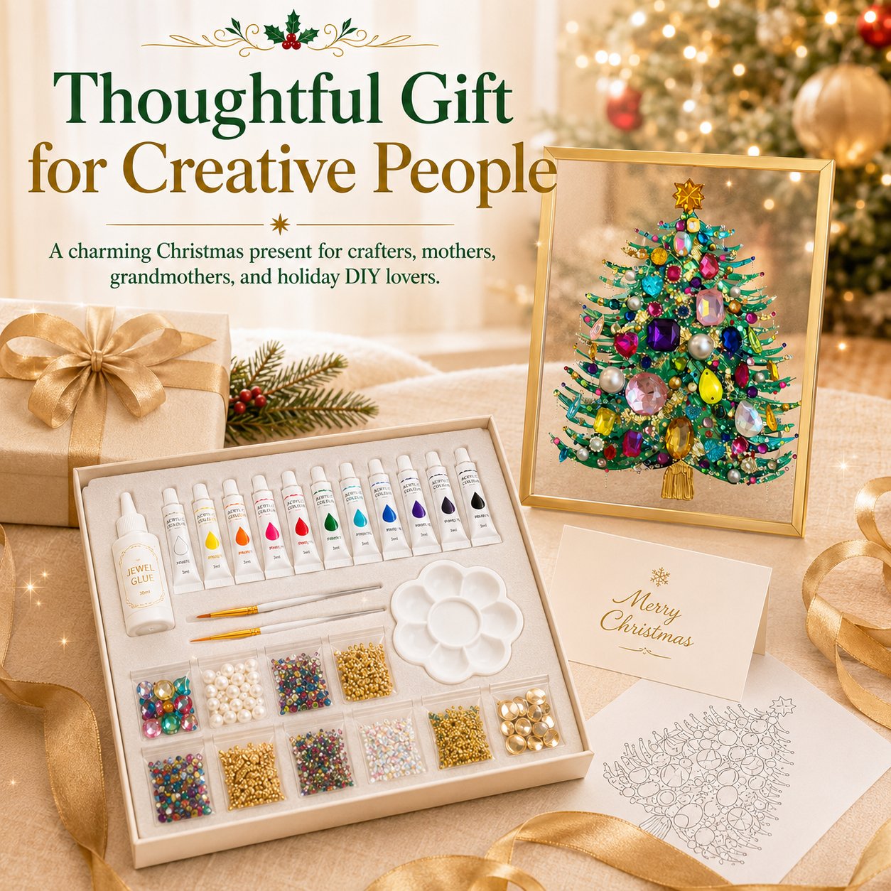🔥 LAST DAY 70% OFF – 🎄 DIY Jeweled Christmas Tree Art Kit | Colorful Gems, Pearls, Paints & Gold-Tone Floating Display Frame 💎✨