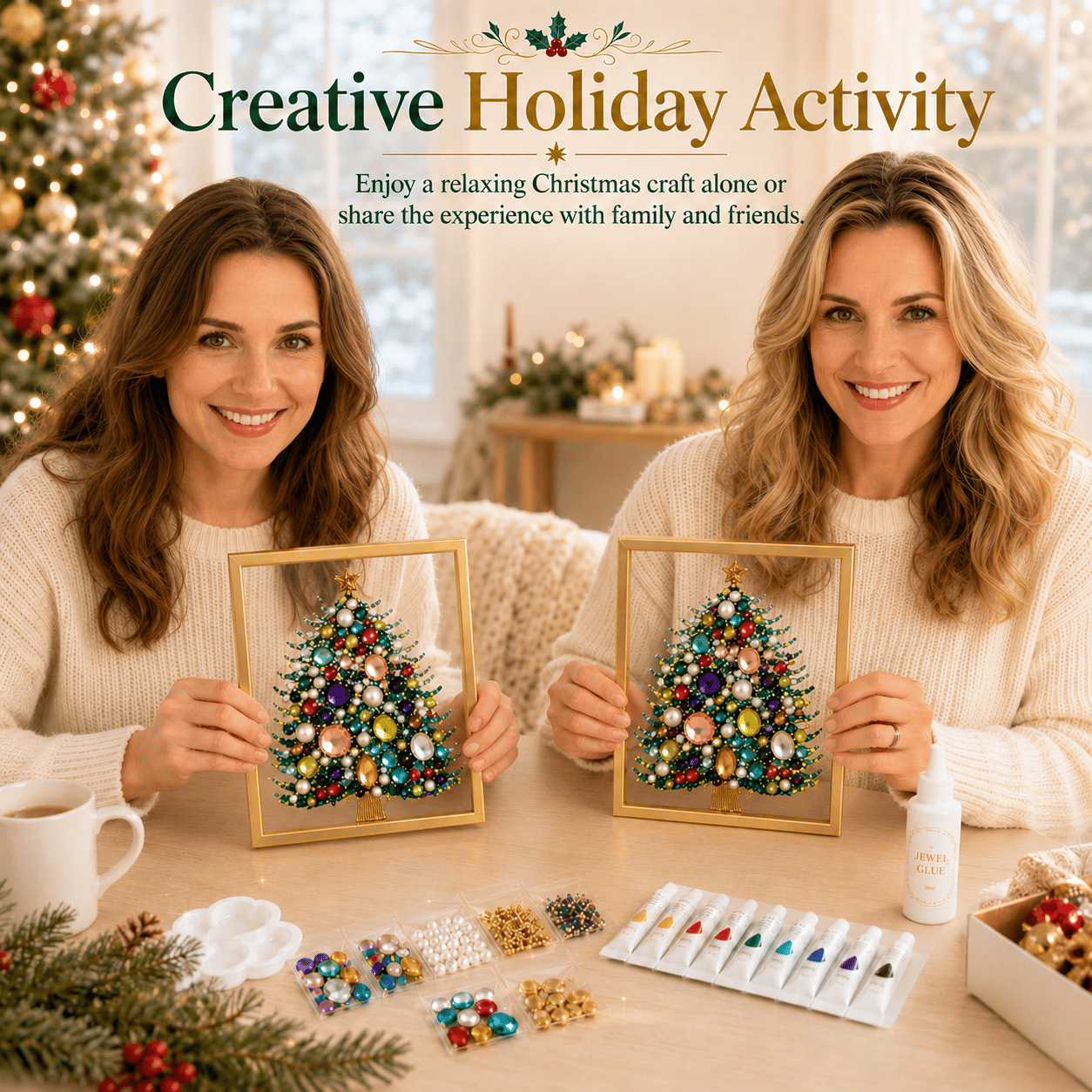 🔥 LAST DAY 70% OFF – 🎄 DIY Jeweled Christmas Tree Art Kit | Colorful Gems, Pearls, Paints & Gold-Tone Floating Display Frame 💎✨