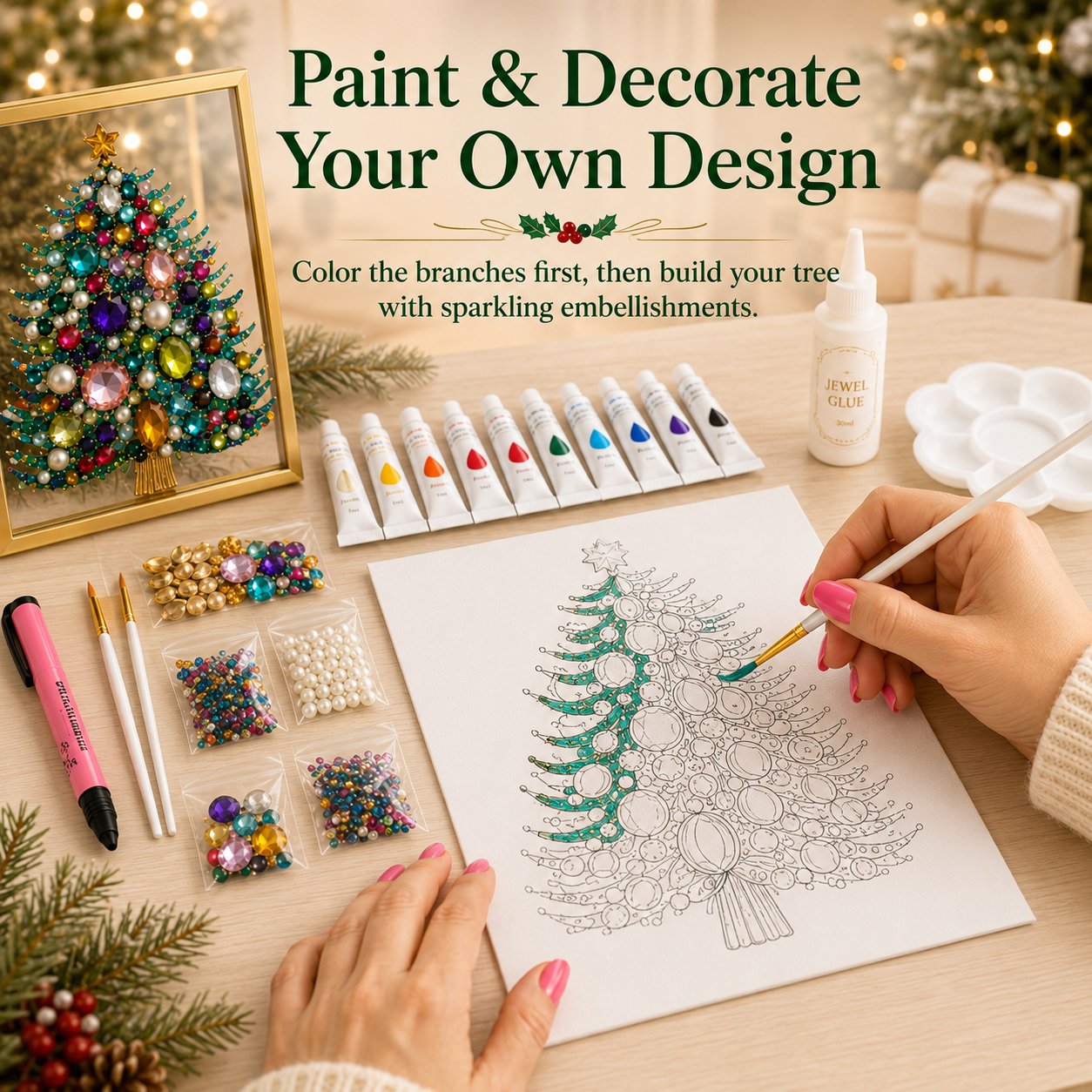 🔥 LAST DAY 70% OFF – 🎄 DIY Jeweled Christmas Tree Art Kit | Colorful Gems, Pearls, Paints & Gold-Tone Floating Display Frame 💎✨