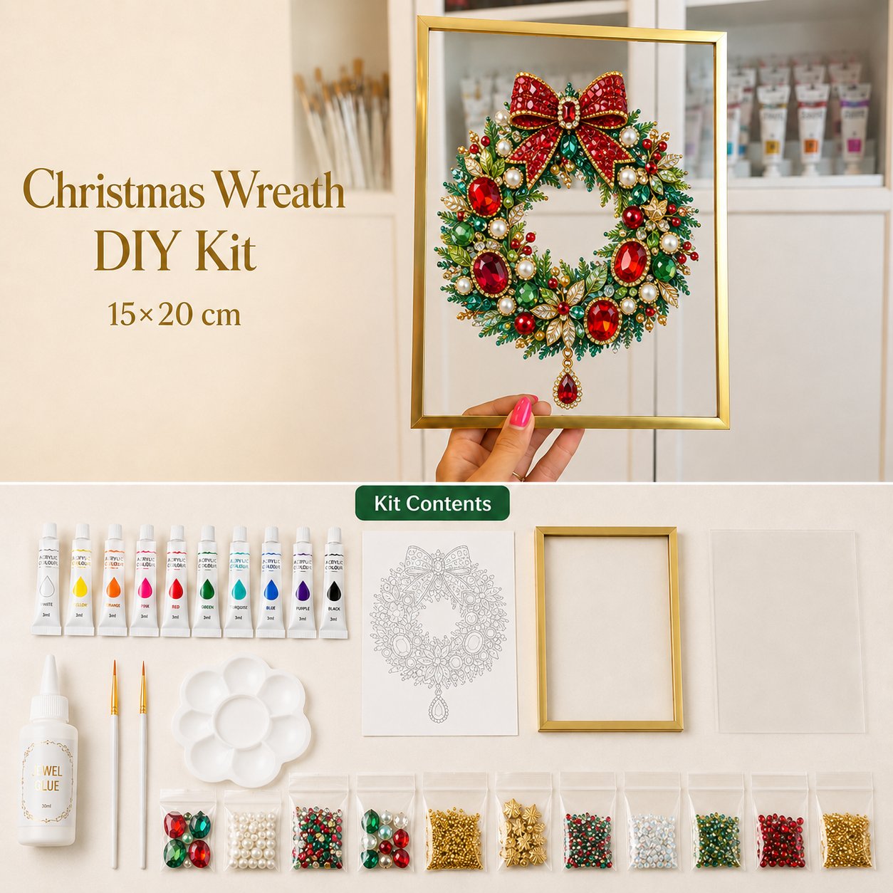 🔥 LAST DAY 70% OFF – 🎄 DIY Jeweled Christmas Tree Art Kit | Colorful Gems, Pearls, Paints & Gold-Tone Floating Display Frame 💎✨