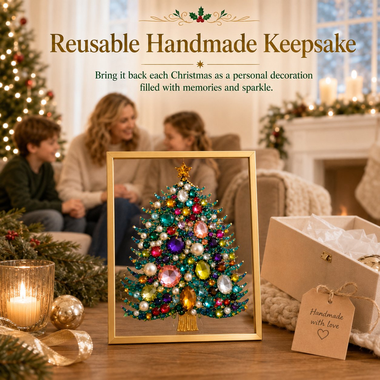 🔥 LAST DAY 70% OFF – 🎄 DIY Jeweled Christmas Tree Art Kit | Colorful Gems, Pearls, Paints & Gold-Tone Floating Display Frame 💎✨