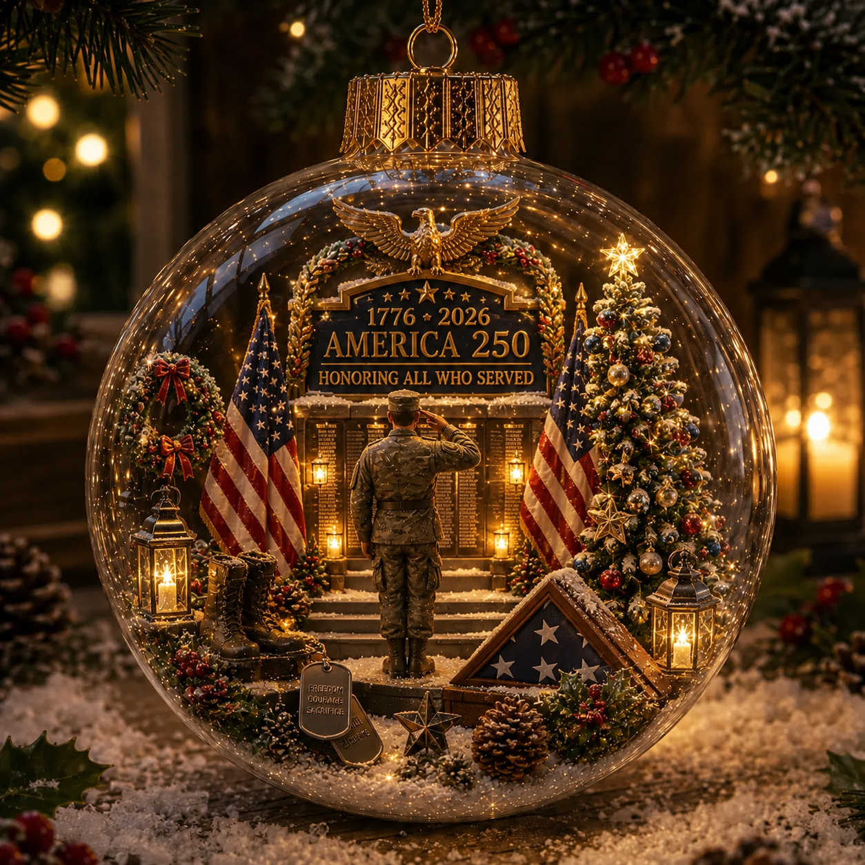 🎄 70% OFF – America 250 Lighted Military Tribute Christmas Ornament