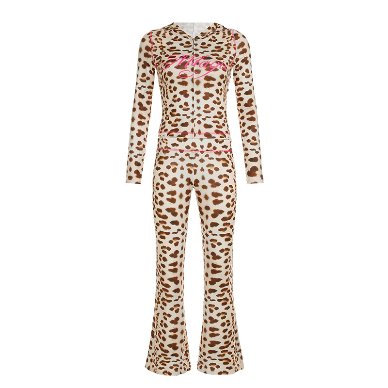 Leopard Print Hooded Casual Sports Suit