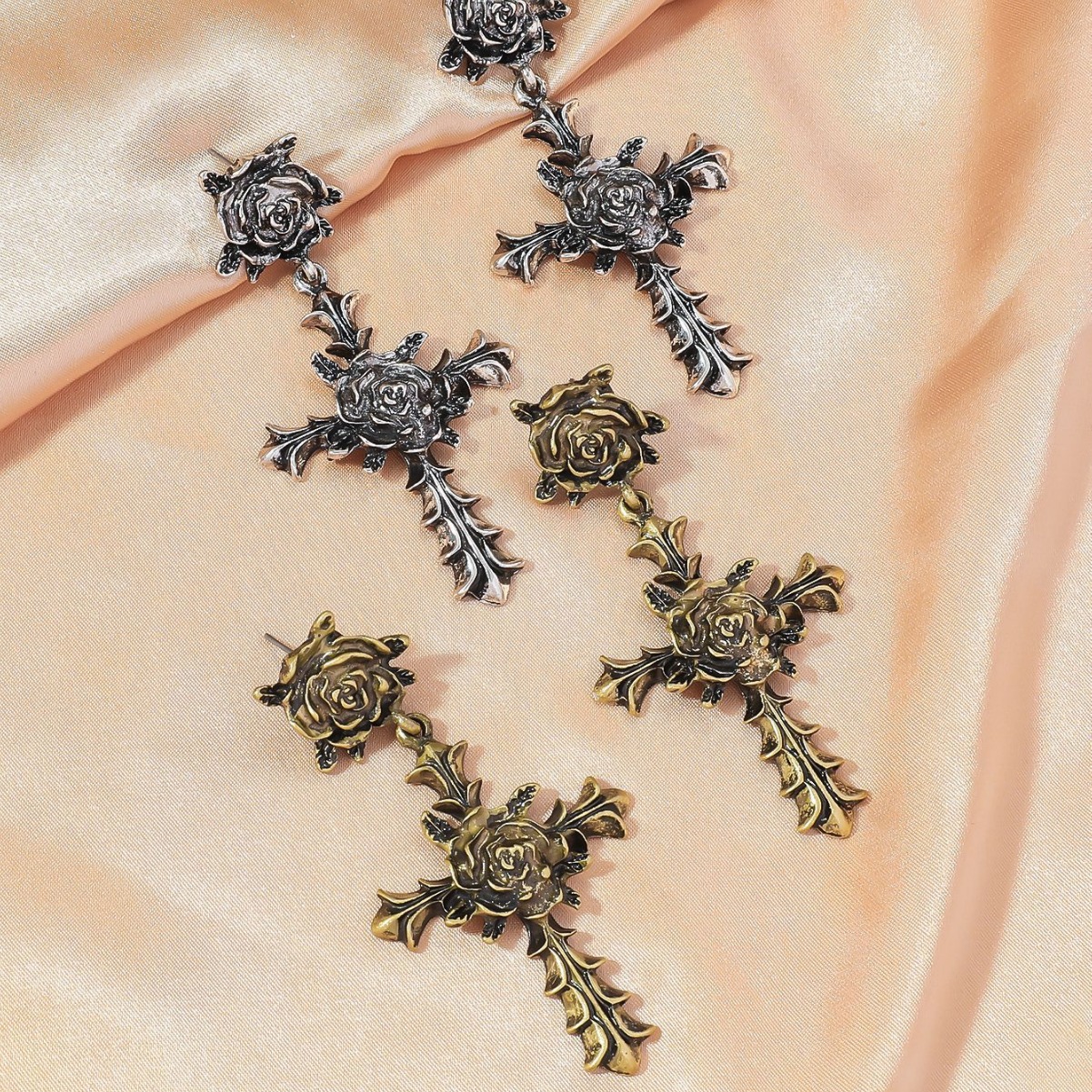 Gothic Cross Rose Earrings