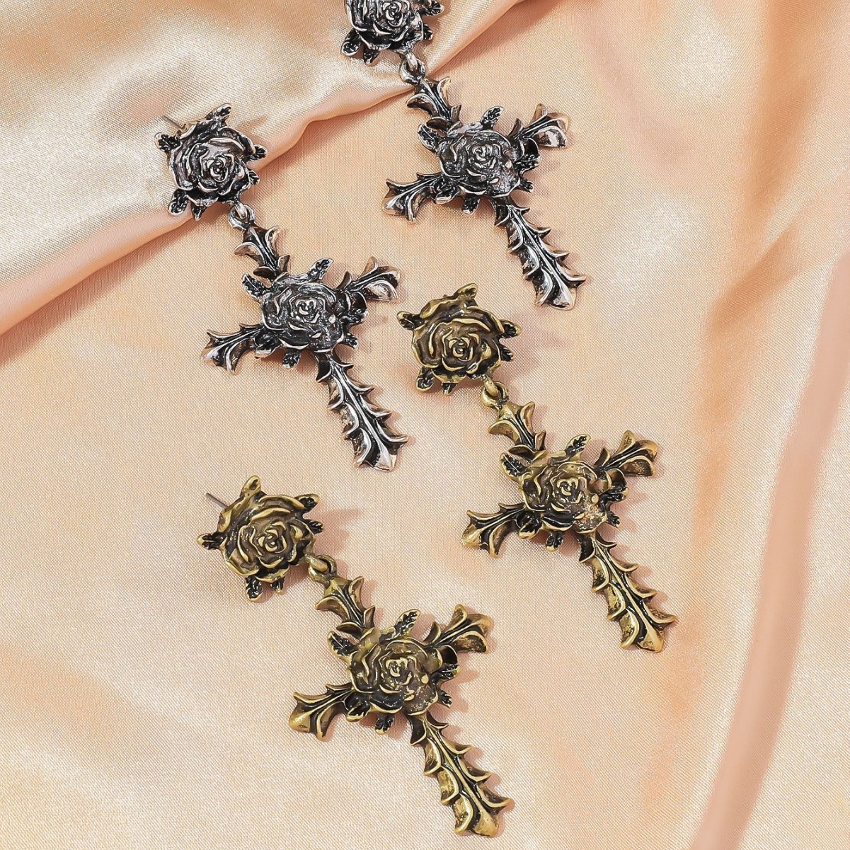 Gothic Cross Rose Earrings