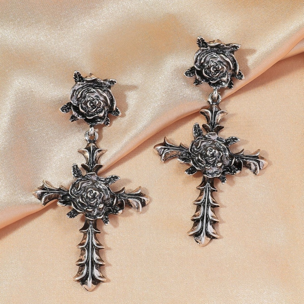 Gothic Cross Rose Earrings