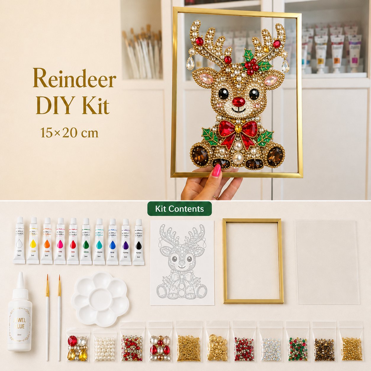 🔥 LAST DAY 70% OFF – 🎄 DIY Jeweled Christmas Tree Art Kit | Colorful Gems, Pearls, Paints & Gold-Tone Floating Display Frame 💎✨