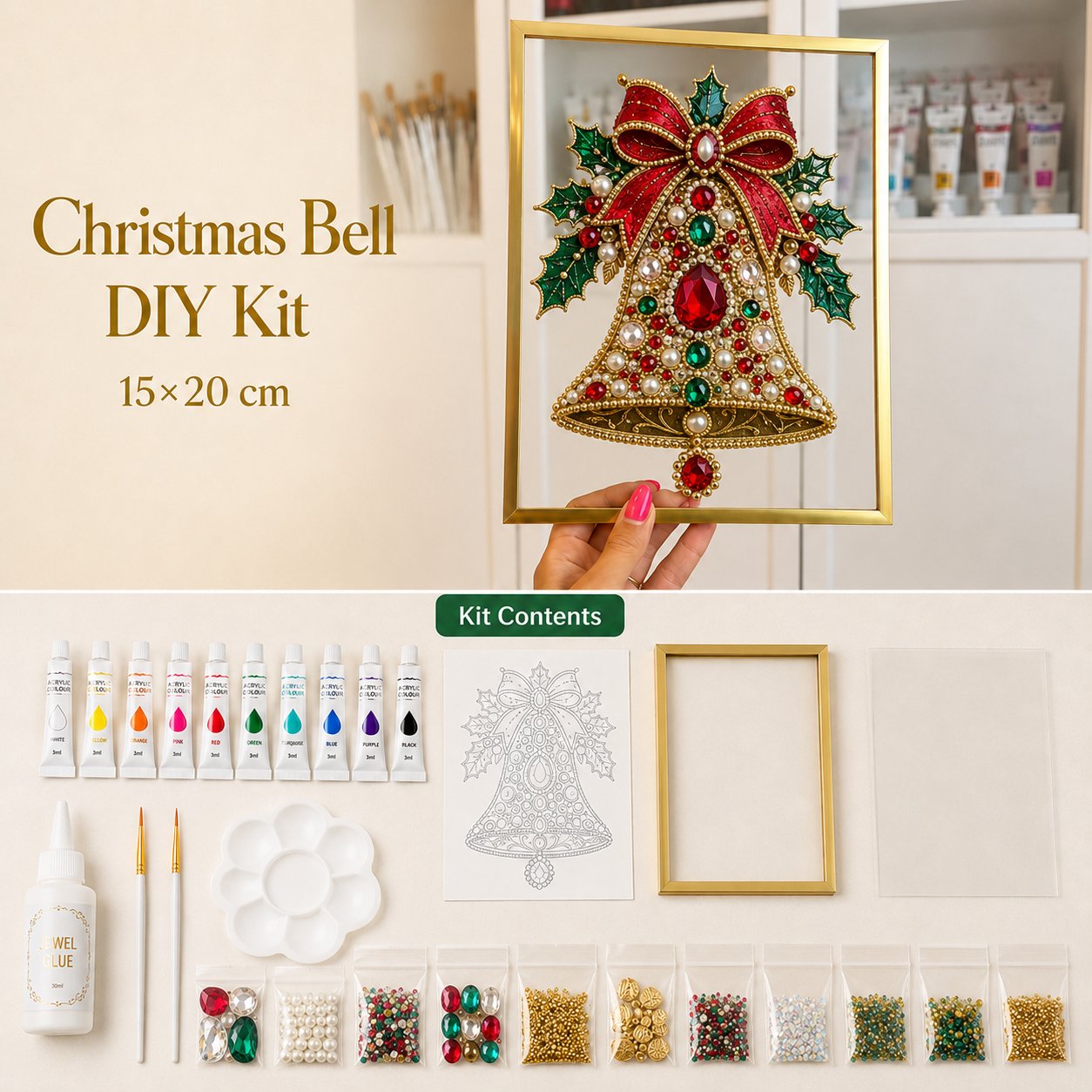 🔥 LAST DAY 70% OFF – 🎄 DIY Jeweled Christmas Tree Art Kit | Colorful Gems, Pearls, Paints & Gold-Tone Floating Display Frame 💎✨