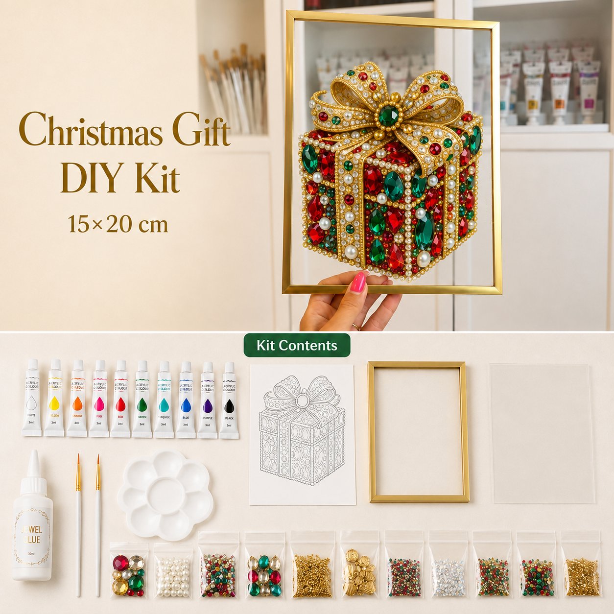 🔥 LAST DAY 70% OFF – 🎄 DIY Jeweled Christmas Tree Art Kit | Colorful Gems, Pearls, Paints & Gold-Tone Floating Display Frame 💎✨