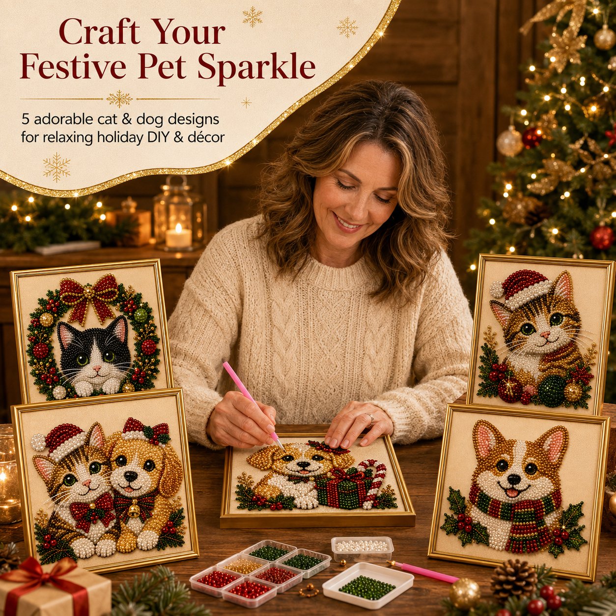 🎄🎅 Premium 3D Pearl Christmas Wall Art Kit | Luxury Flocked Canvas with Scratch-Resistant Non-Fading Pearl Beads DIY Holiday Decor ⛄️❄️
