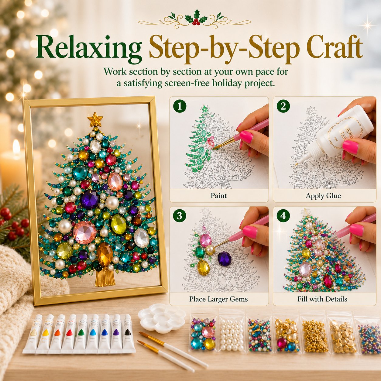 🔥 LAST DAY 70% OFF – 🎄 DIY Jeweled Christmas Tree Art Kit | Colorful Gems, Pearls, Paints & Gold-Tone Floating Display Frame 💎✨