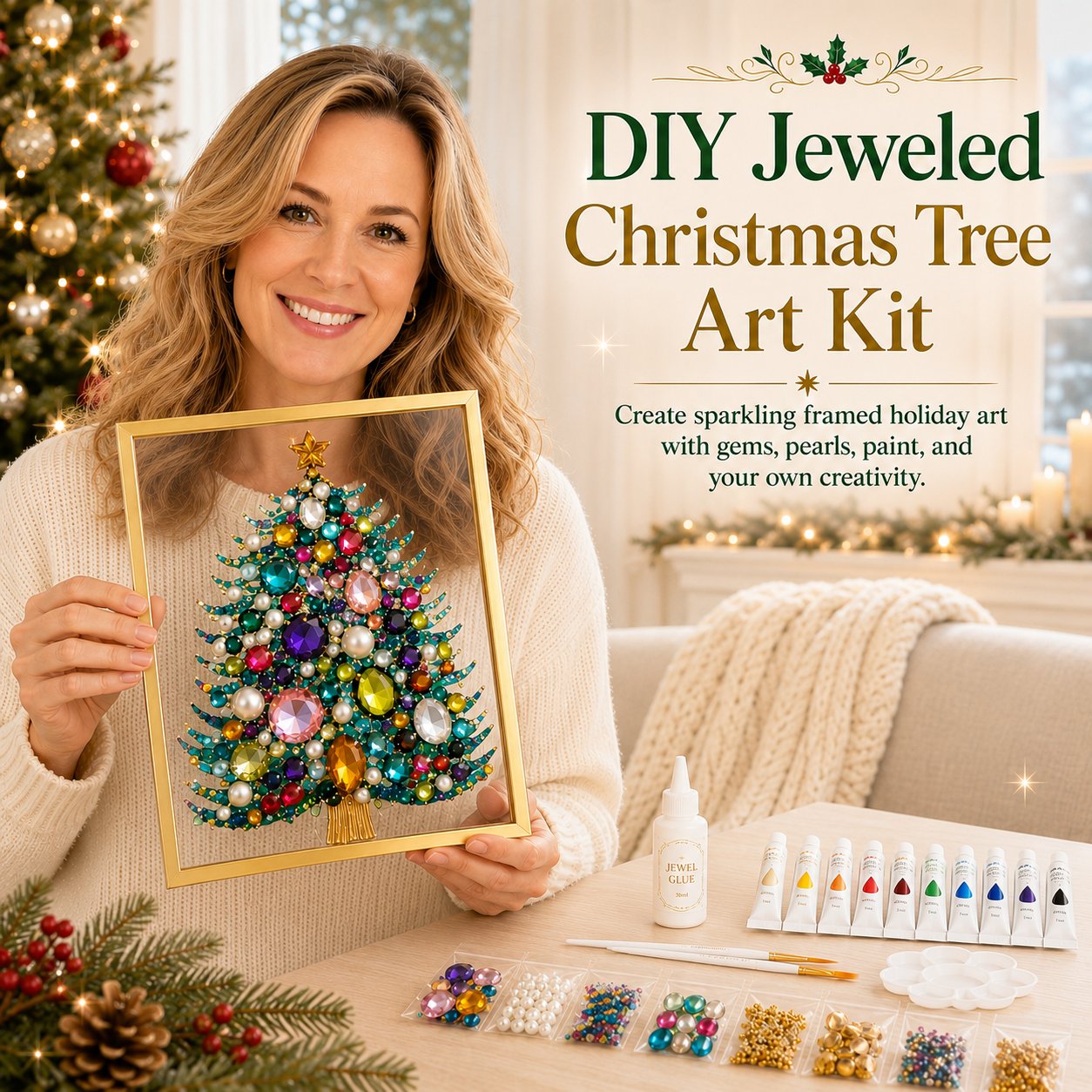 🔥 LAST DAY 70% OFF – 🎄 DIY Jeweled Christmas Tree Art Kit | Colorful Gems, Pearls, Paints & Gold-Tone Floating Display Frame 💎✨