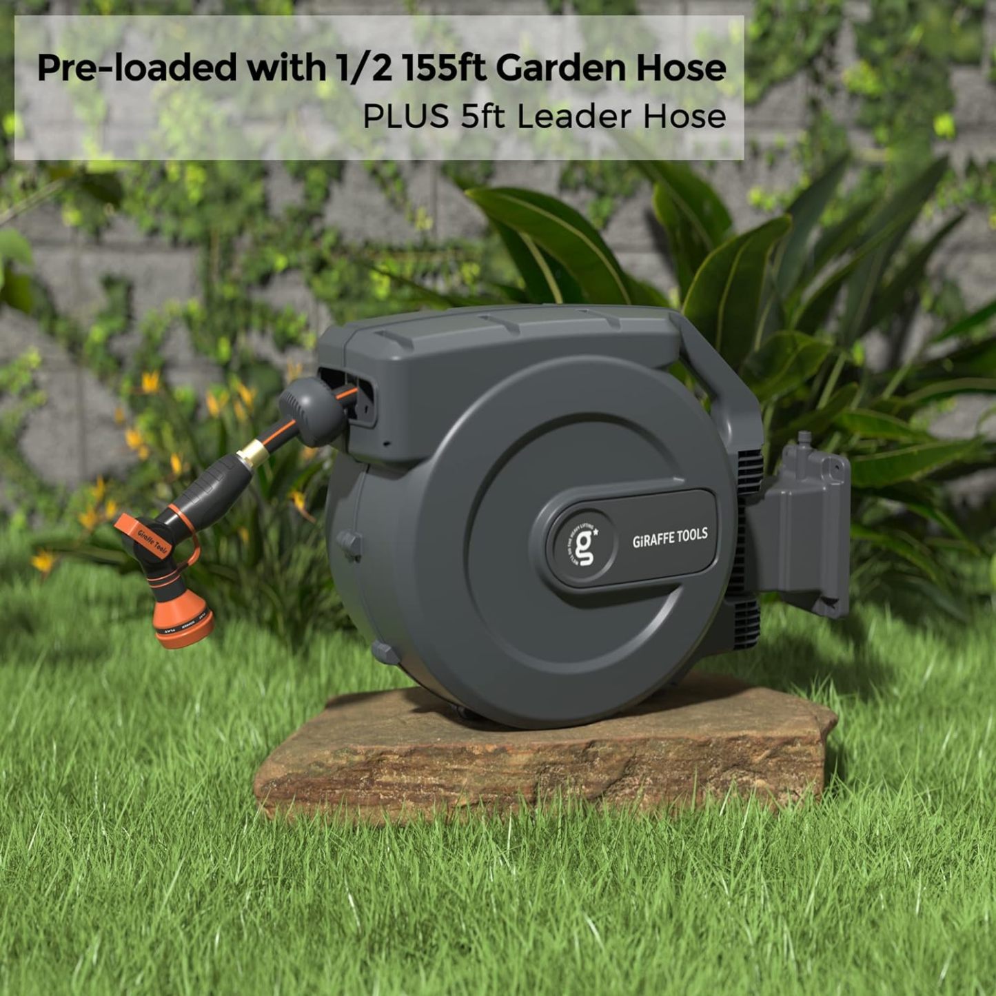 ⏰Giraffe Tools AW30 1/2MB Retractable Garden Hose Reel 1/2" x 100 ft PRO Metal Bracket, Any Length Lock Hose Reel