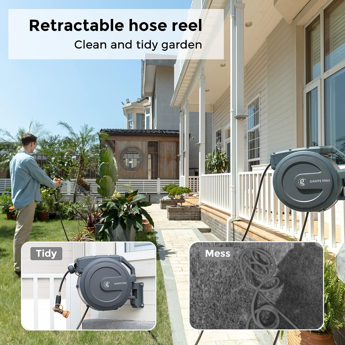 ⏰Giraffe Tools AW30 1/2MB Retractable Garden Hose Reel 1/2" x 100 ft PRO Metal Bracket, Any Length Lock Hose Reel