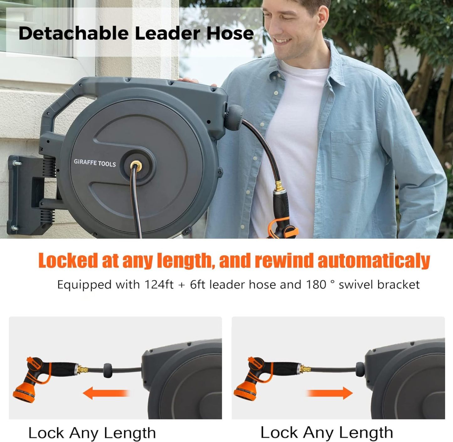 ⏰Giraffe Tools AW30 1/2MB Retractable Garden Hose Reel 1/2" x 100 ft PRO Metal Bracket, Any Length Lock Hose Reel