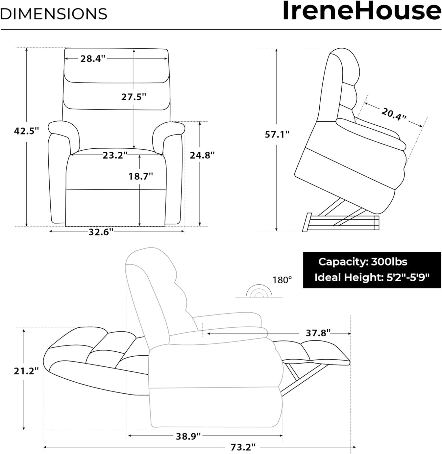 Irene House 9188 Medium Dual Motor Lay Flat Recliner Lift Chair Recliners Infinite Position with Heat Massage for Elderly Up to 300 LBS Electric Power Lift Recliner Chair Sofa