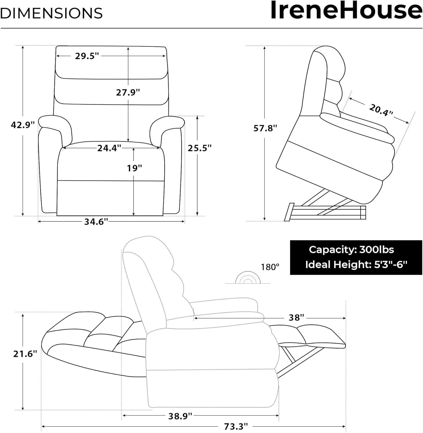 Irene House 9188 Medium Dual Motor Lay Flat Recliner Lift Chair Recliners Infinite Position with Heat Massage for Elderly Up to 300 LBS Electric Power Lift Recliner Chair Sofa