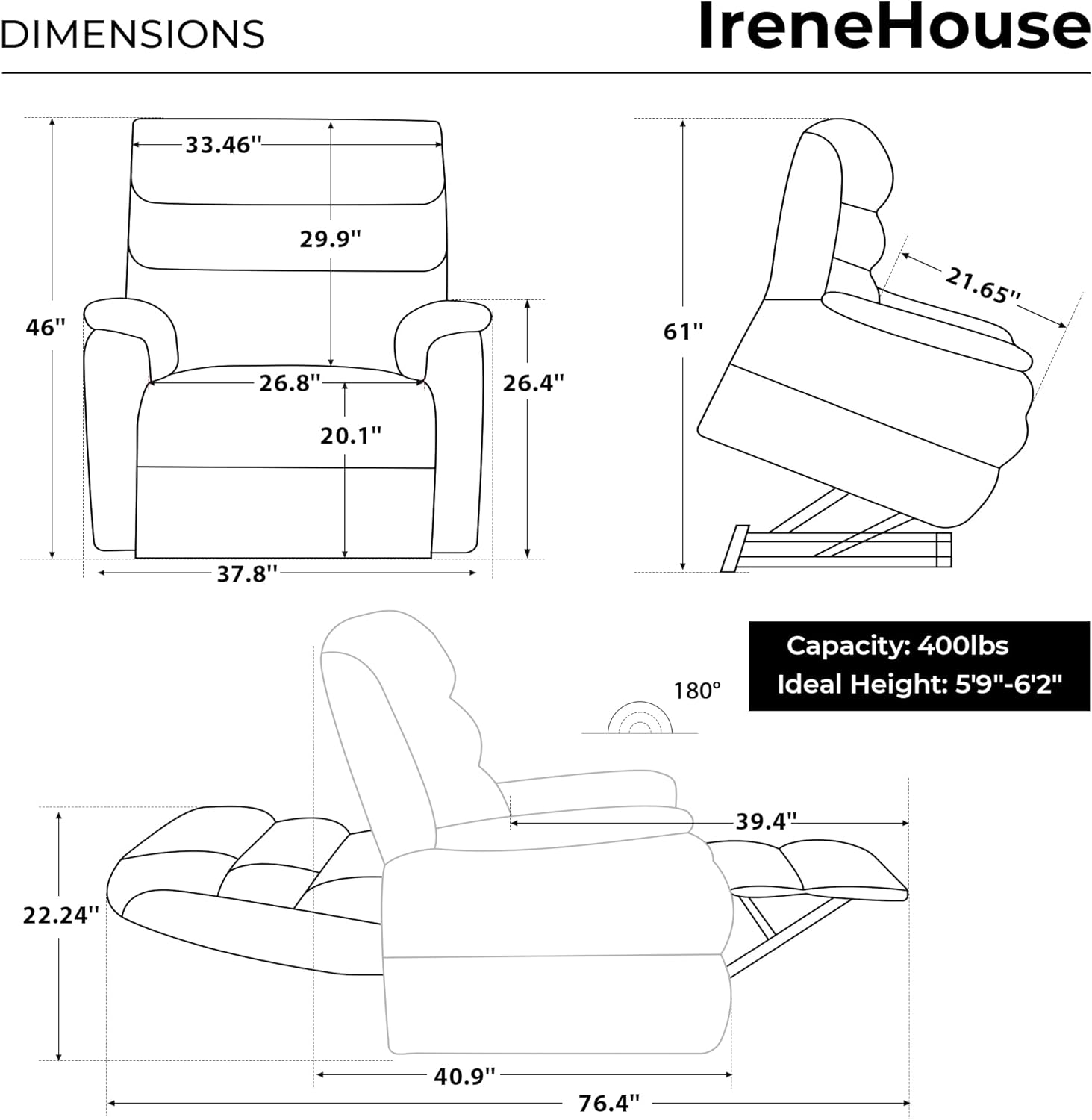 Irene House 9188 Medium Dual Motor Lay Flat Recliner Lift Chair Recliners Infinite Position with Heat Massage for Elderly Up to 300 LBS Electric Power Lift Recliner Chair Sofa